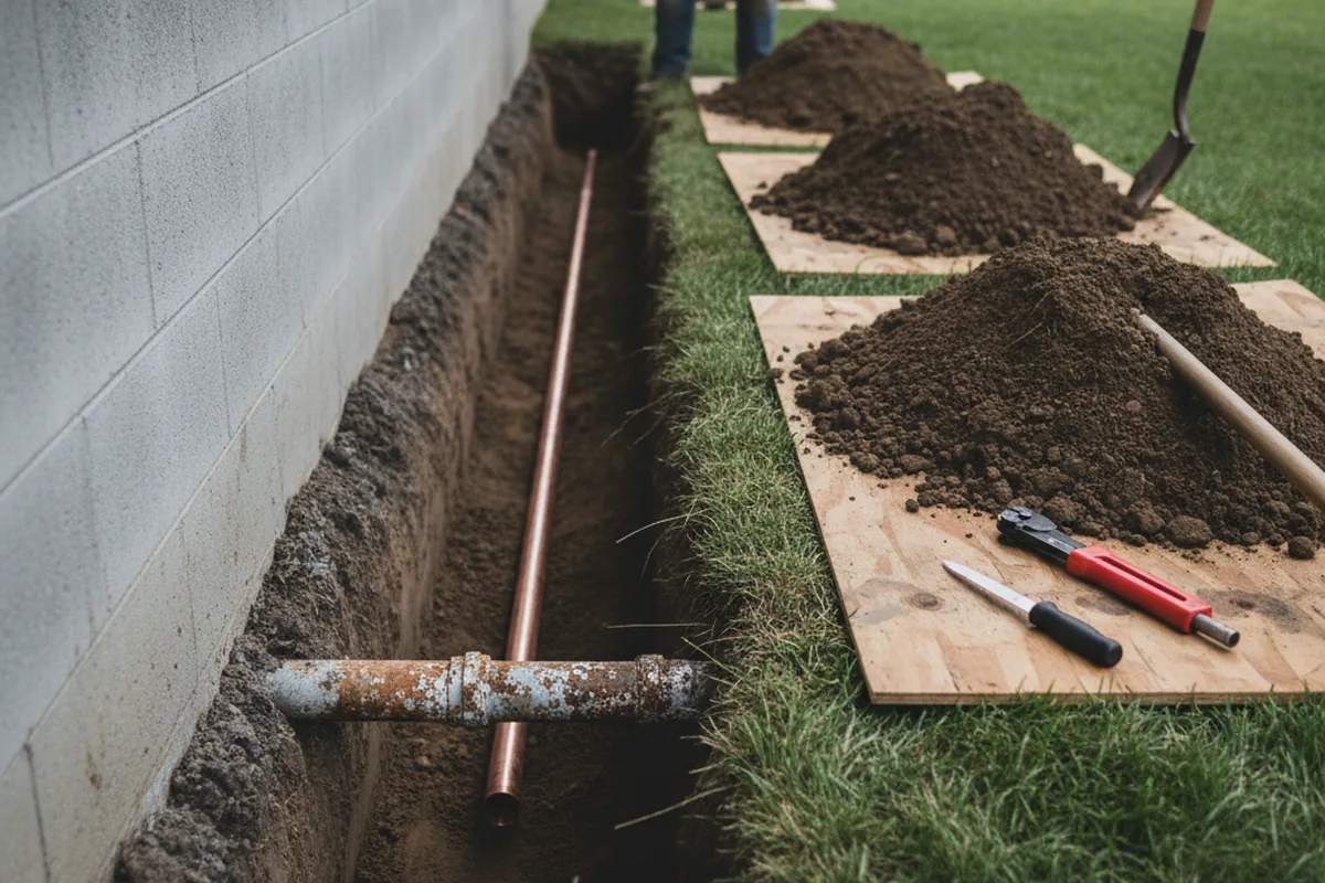 Excavated water line trench during Water Heater Repair in Skidmore